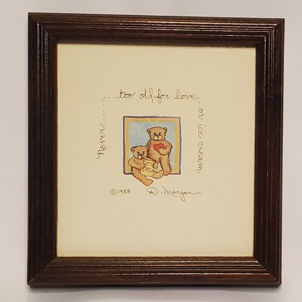 VTG 1988 D.Morgan"Never Too Old For Love Or Ice Cream" Framed Signed BearsHeart